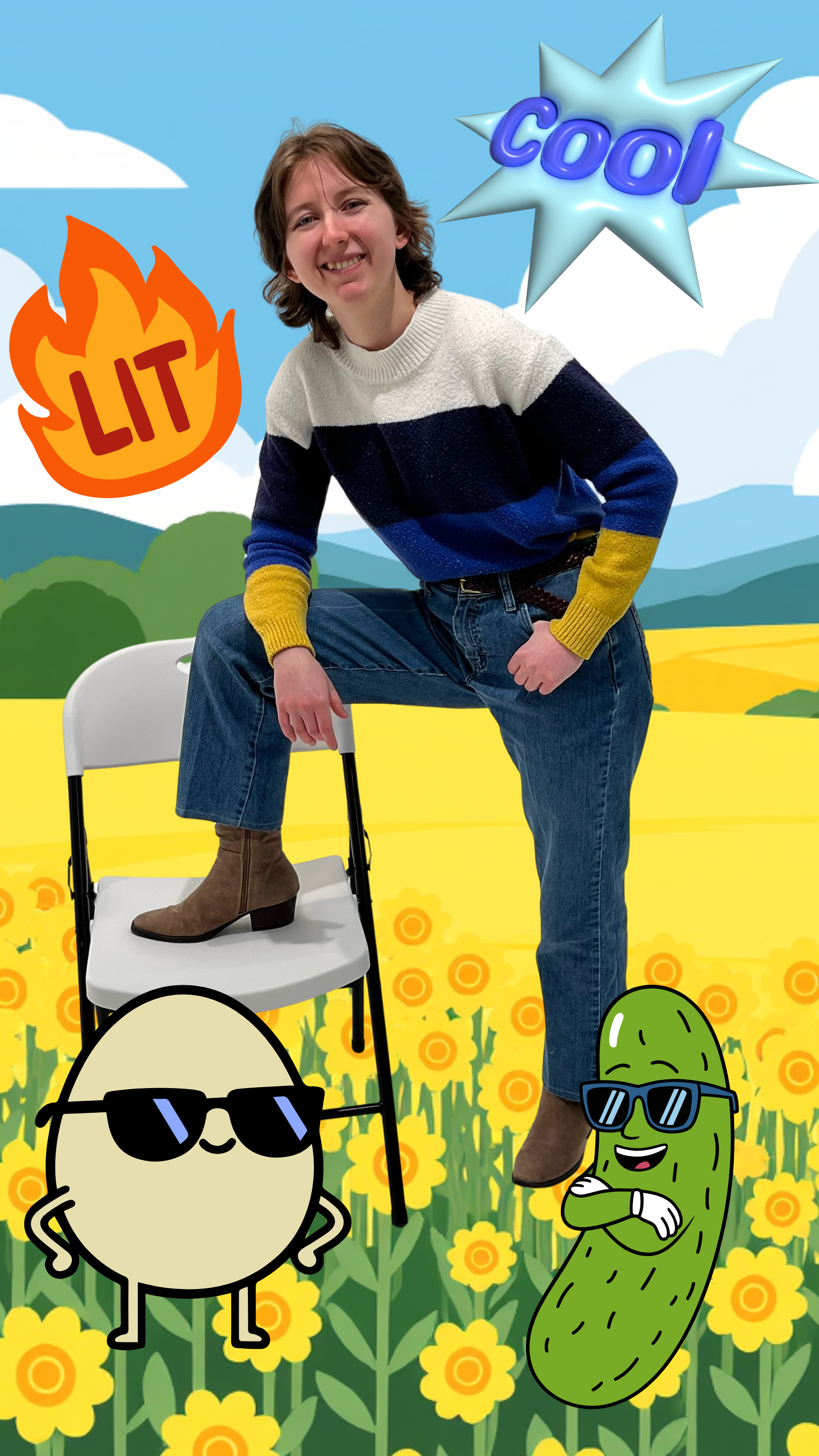 woman standing wearing a striped shirt with brown hair surrounded by meme gtraphics